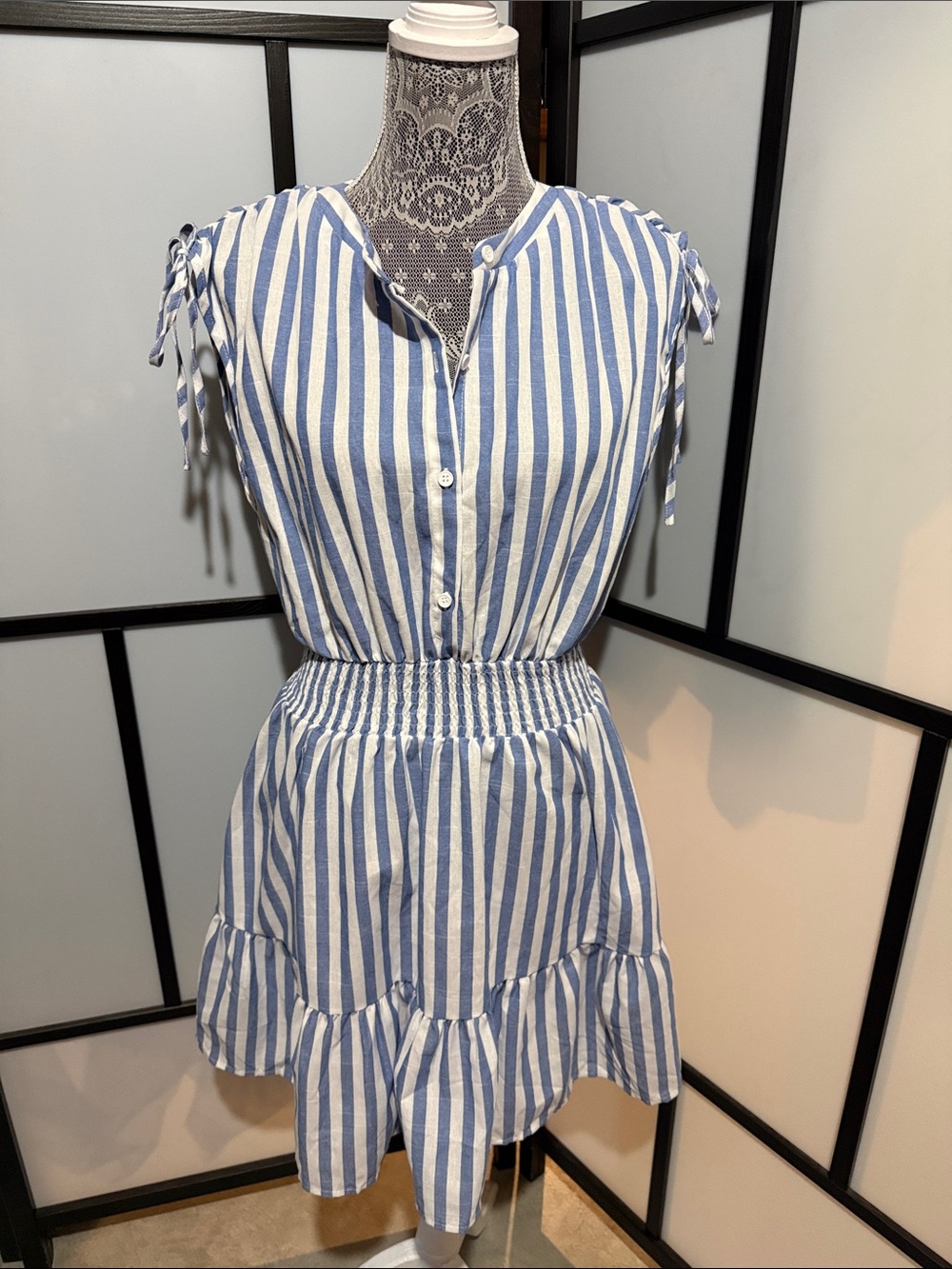 SHEIN Blue & White Striped Tie-Sleeve Smocked-Waist Mini Dress
